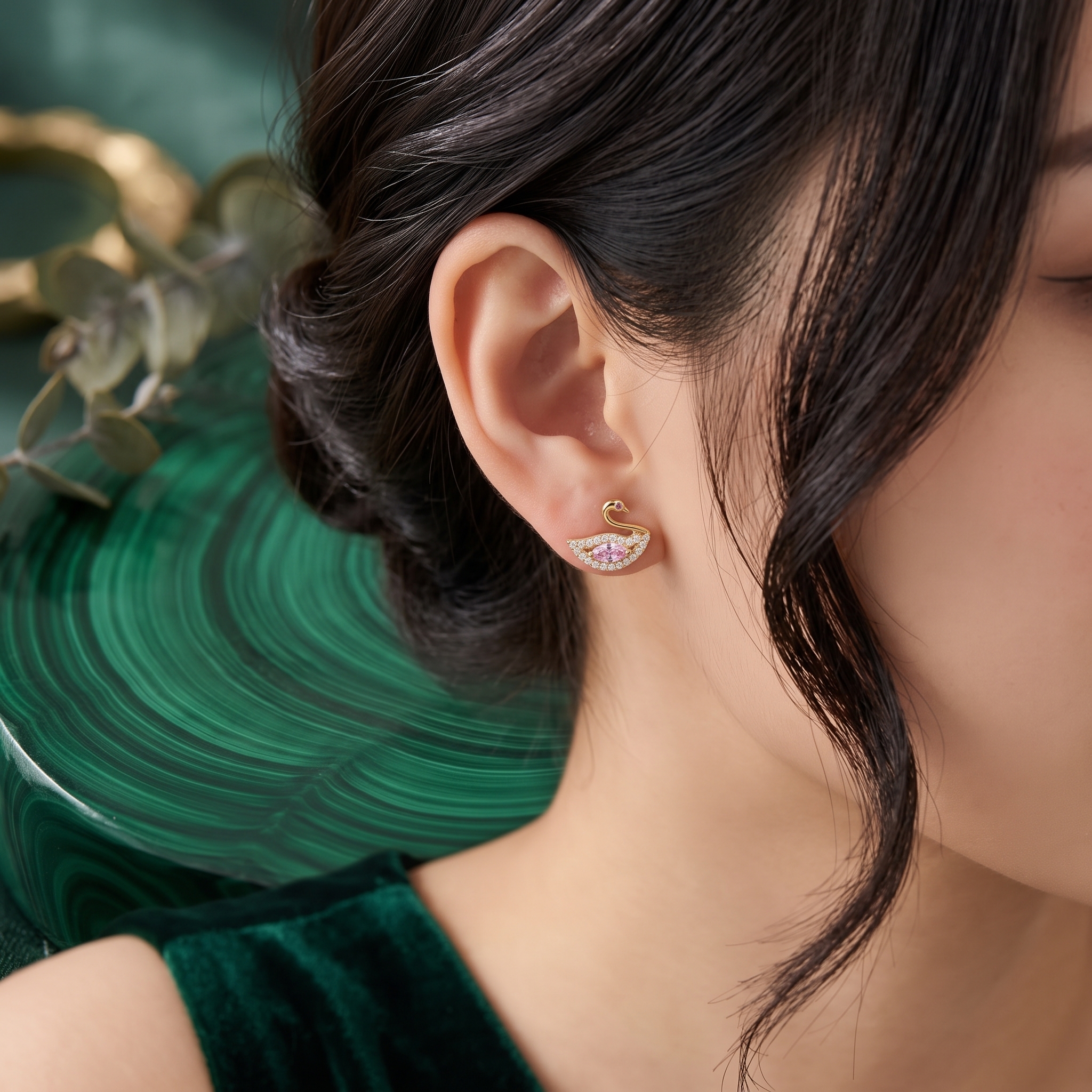 Graceful Swan: Rose Gold-Toned Stud - view 3