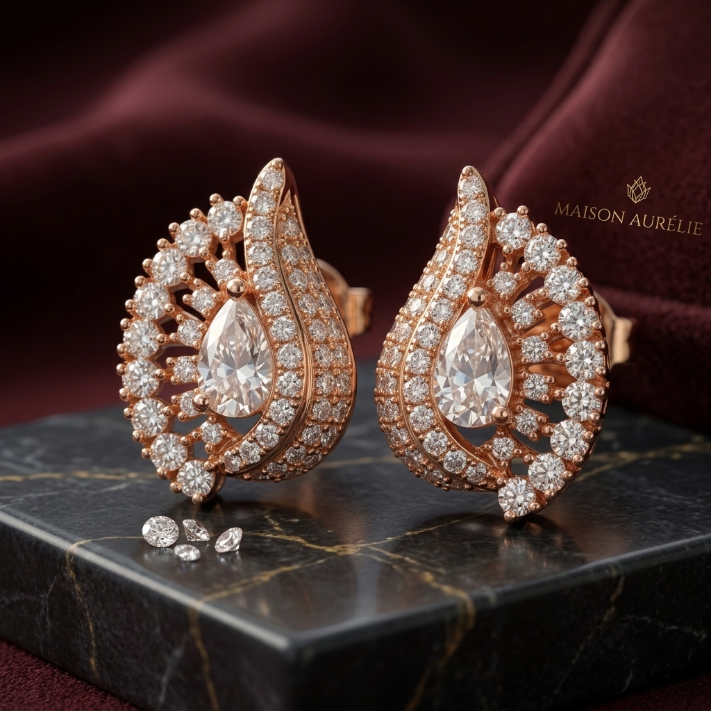 Rose Gold Plated American Diamond Teardrop Stud Earrings