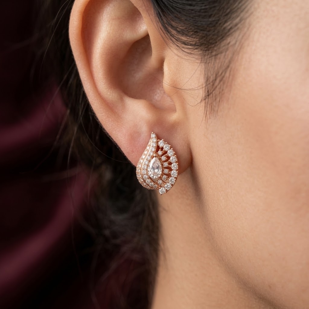 Rose Gold Plated American Diamond Teardrop Stud Earrings - view 3