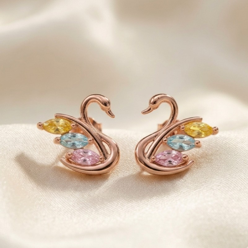 Majestic Rose Gold Multi-Colored Swan Stud Earrings (Pair)