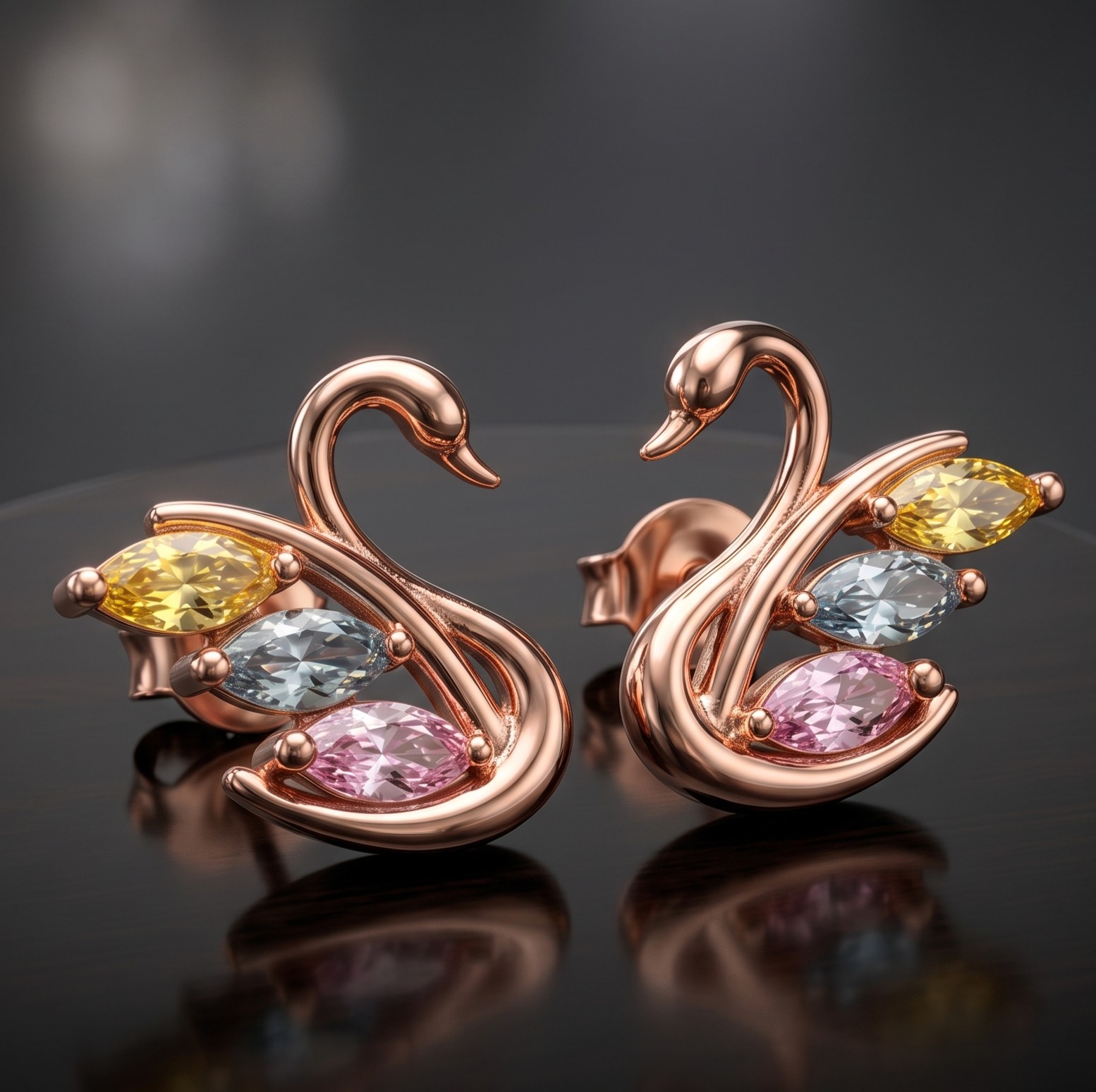 Majestic Rose Gold Multi-Colored Swan Stud Earrings (Pair) - view 3