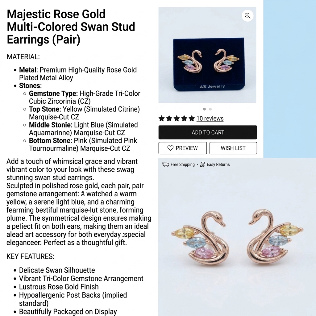 Majestic Rose Gold Multi-Colored Swan Stud Earrings (Pair) - view 4