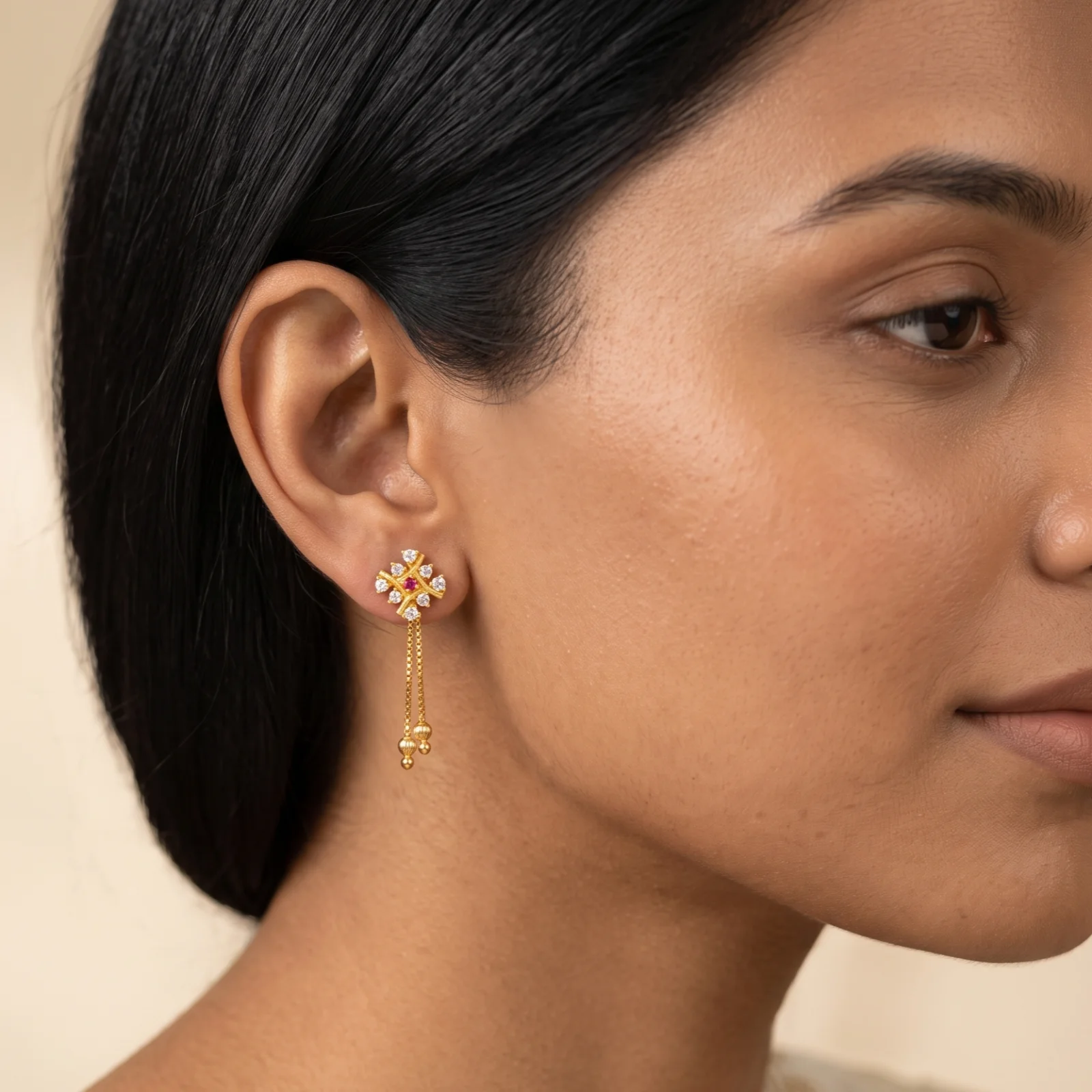 Premium Indian Style 18K Gold Tiny Hanging Earrings - view 3