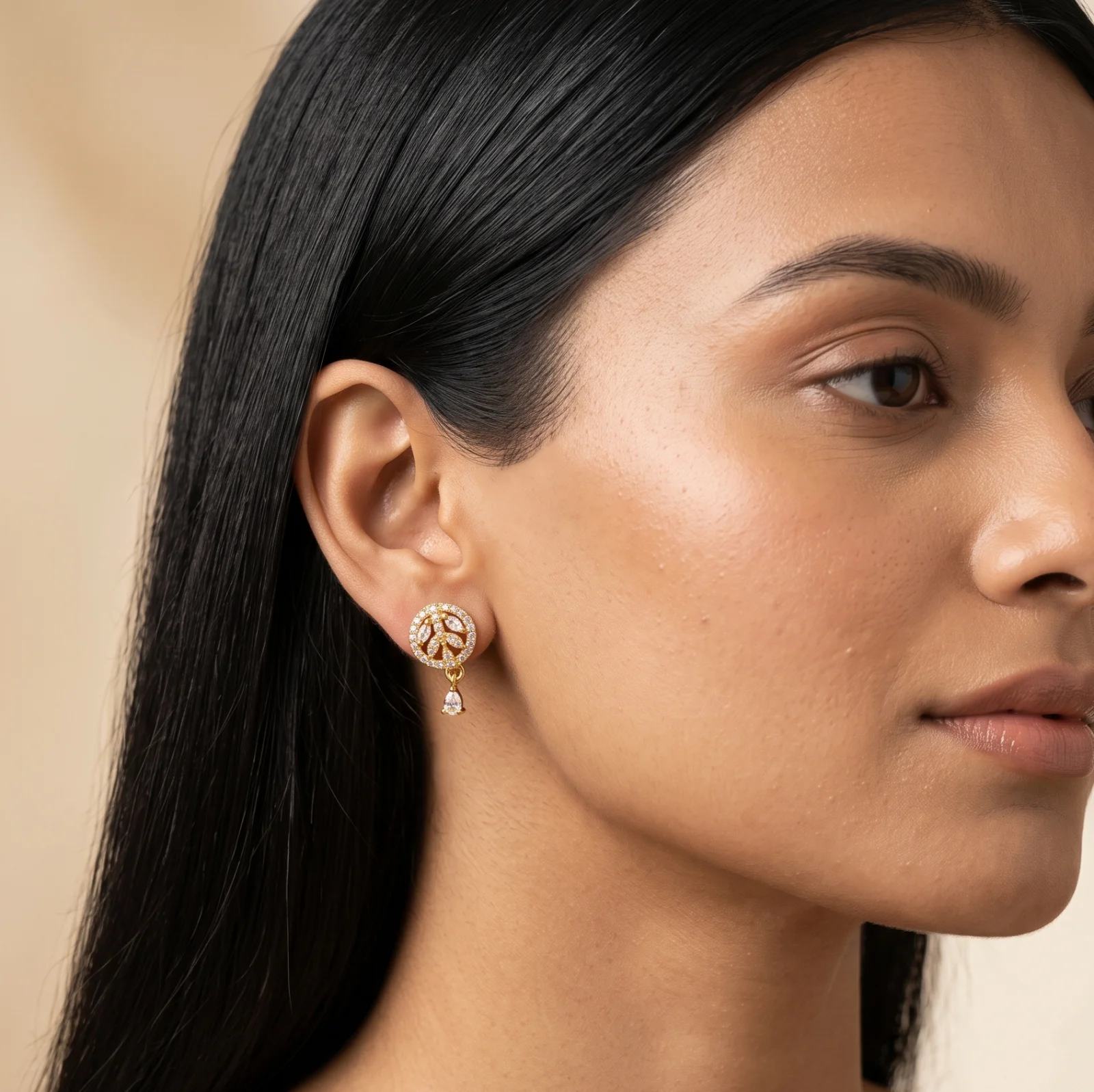 Premium 18K Gold Plated CZ Leaf Drop Earrings - view 3
