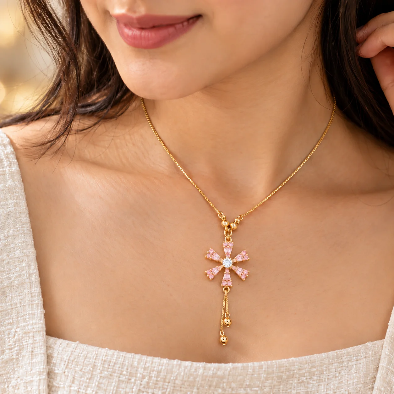 Sinorah Women's Pink Stone Floral Star Pendant Necklace - view 1