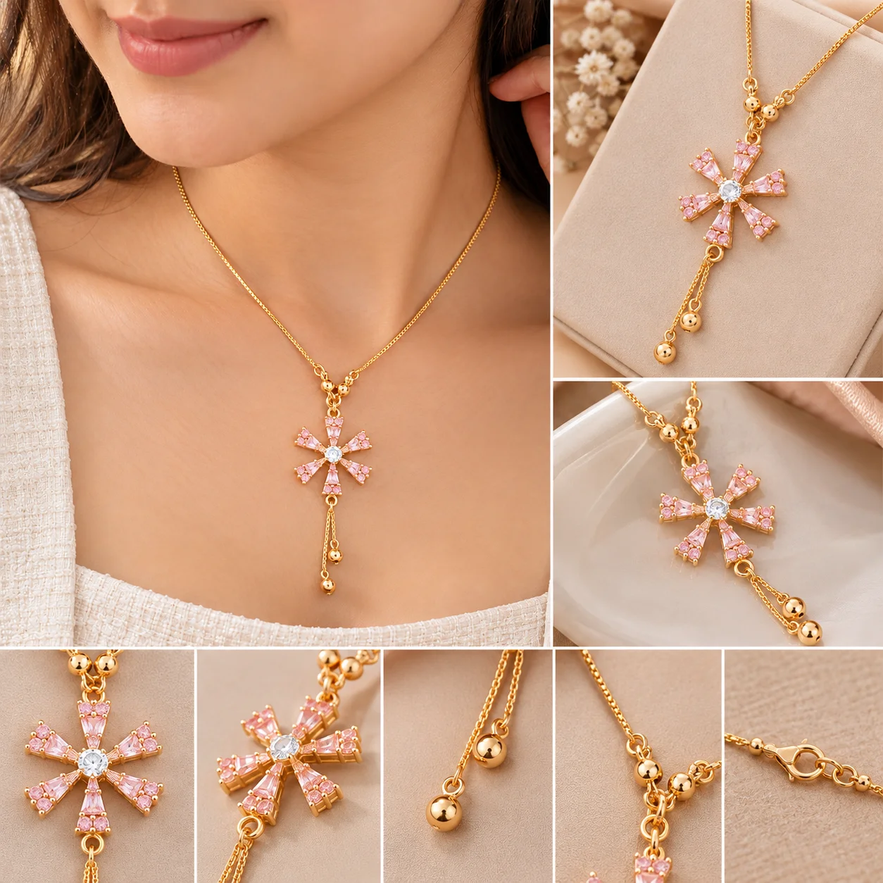 Sinorah Women's Pink Stone Floral Star Pendant Necklace - view 3