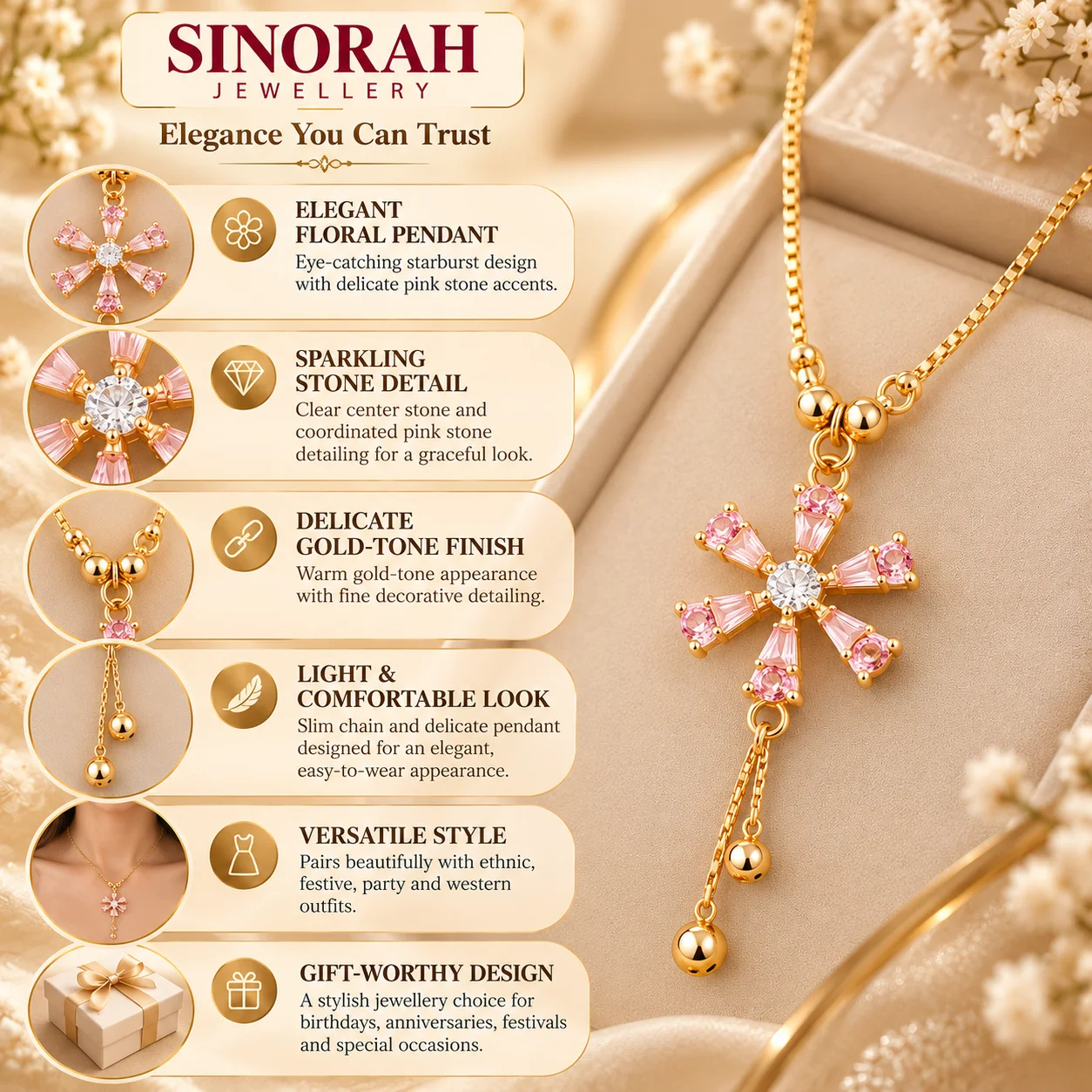 Sinorah Women's Pink Stone Floral Star Pendant Necklace - view 6