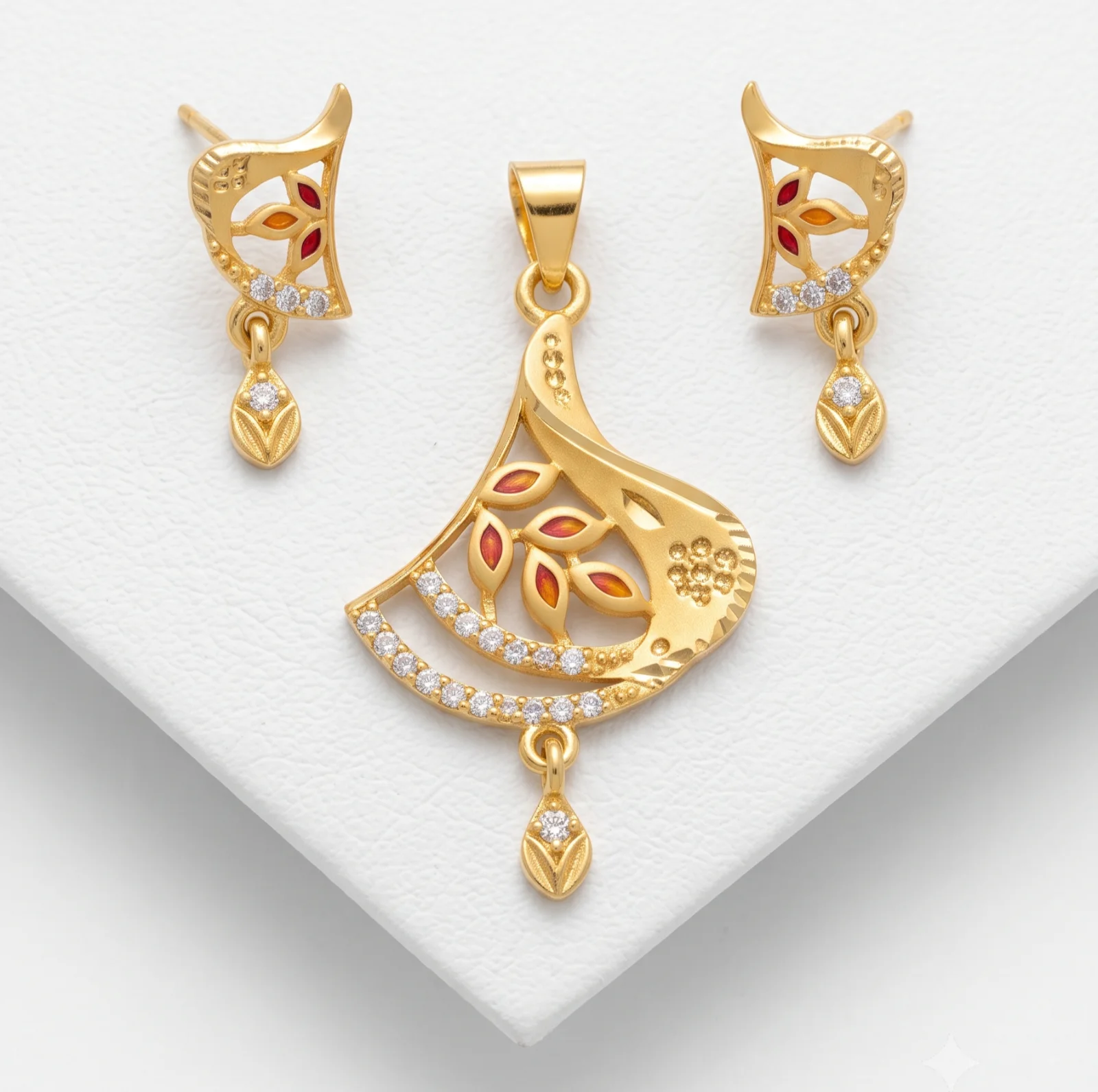 18K Gold Plated AD & Red Meenakari Leaf Design Pendant Set with Matching Earrings for Women and Girls