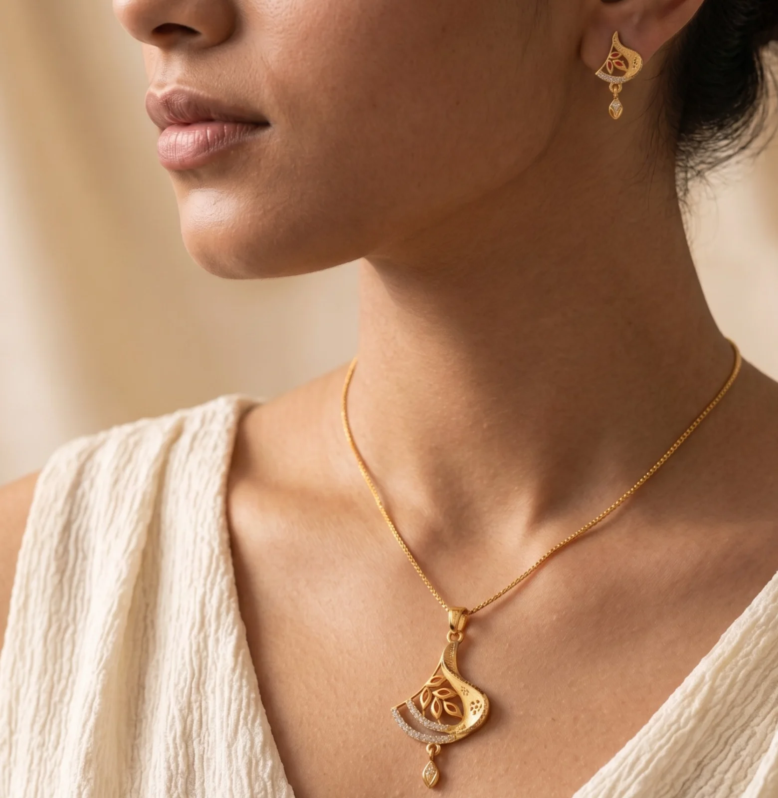 18K Gold Plated AD & Red Meenakari Leaf Design Pendant Set with Matching Earrings for Women and Girls - view 3