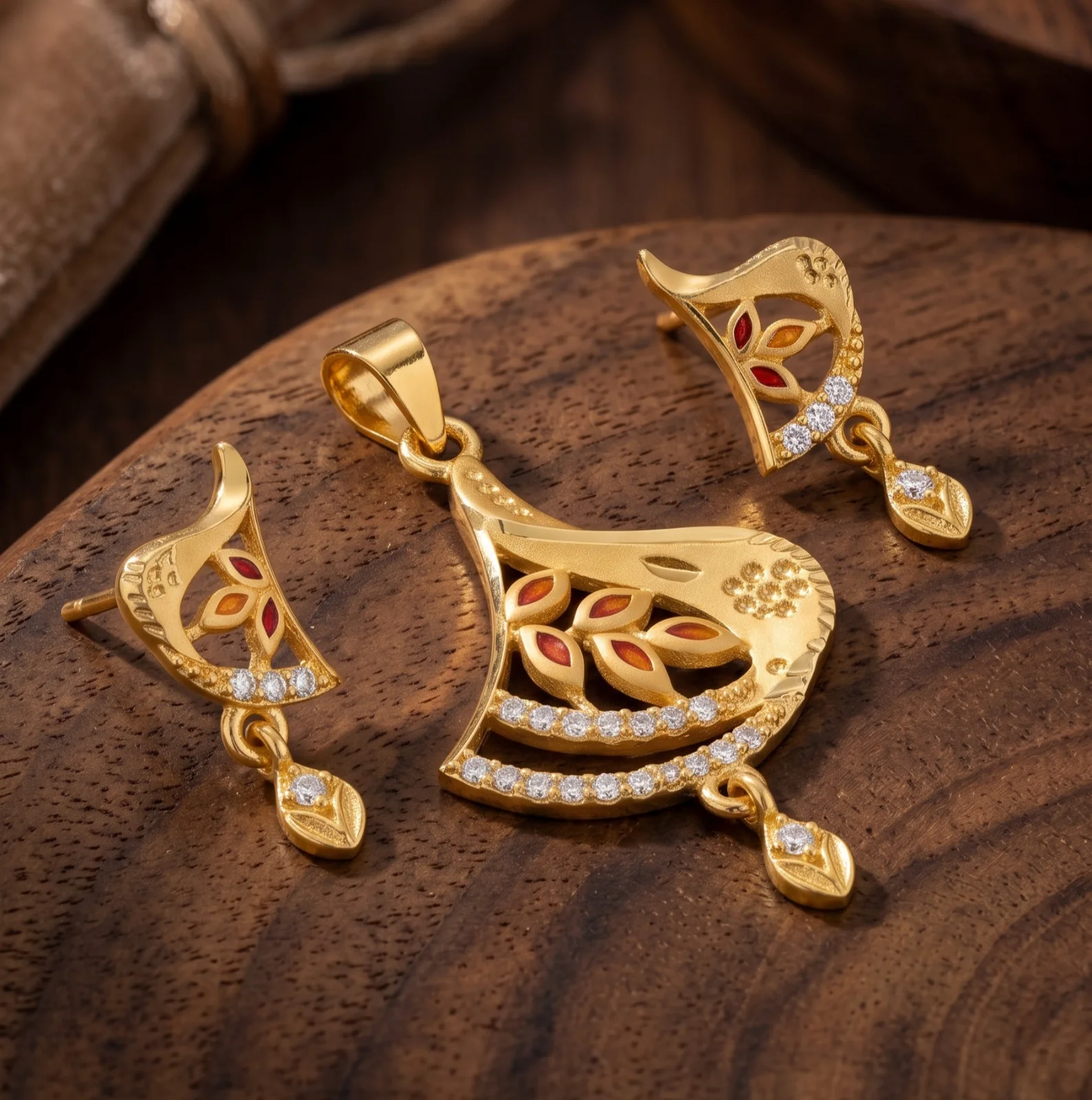 18K Gold Plated AD & Red Meenakari Leaf Design Pendant Set with Matching Earrings for Women and Girls - view 4