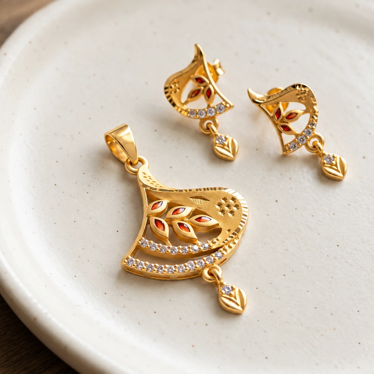 18K Gold Plated AD & Red Meenakari Leaf Design Pendant Set with Matching Earrings for Women and Girls - view 5