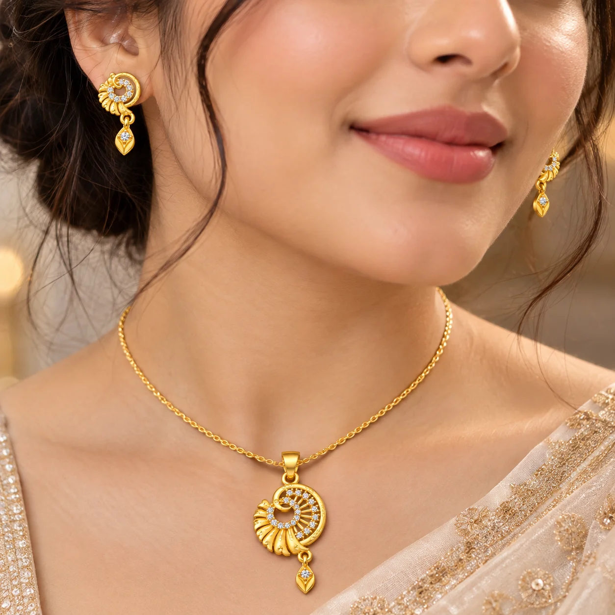 18K Gold Plated Anti Tarnish Designer Pendant Set for Women - view 4