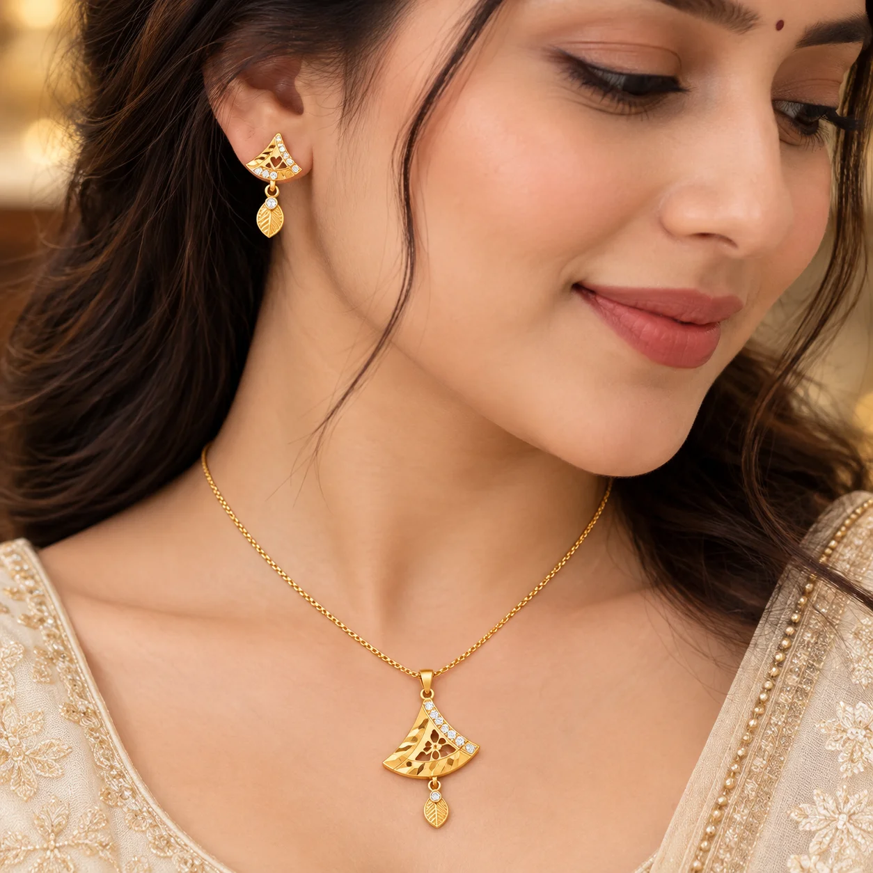 Women’s Gold-Tone Pendant Necklace & Matching Drop Earrings Set | Elegant CZ Stone & Leaf Design Jewellery | 17 Inch Delicate Chain | Festive, Party & Everyday Wear - view 1