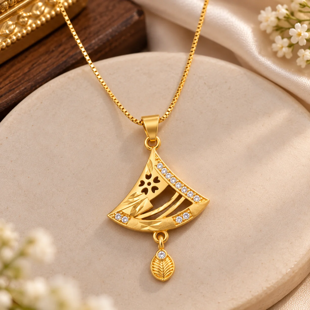 Women’s Gold-Tone Pendant Necklace & Matching Drop Earrings Set | Elegant CZ Stone & Leaf Design Jewellery | 17 Inch Delicate Chain | Festive, Party & Everyday Wear - view 2