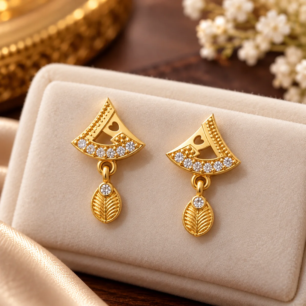 Women’s Gold-Tone Pendant Necklace & Matching Drop Earrings Set | Elegant CZ Stone & Leaf Design Jewellery | 17 Inch Delicate Chain | Festive, Party & Everyday Wear - view 3