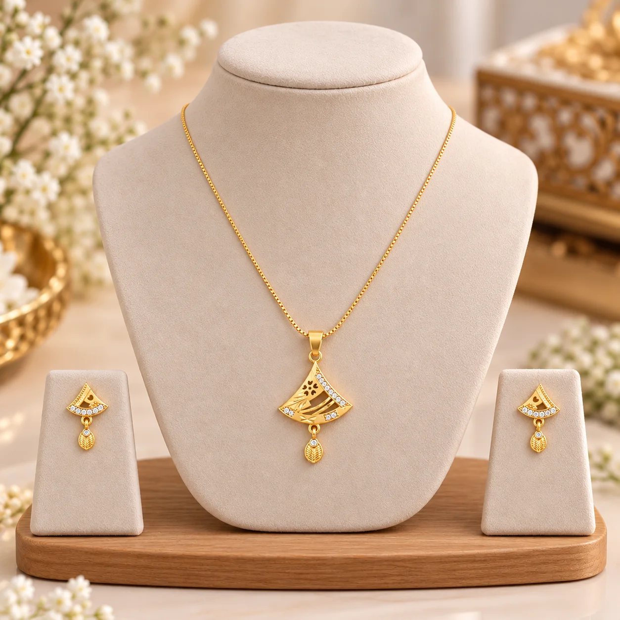 Women’s Gold-Tone Pendant Necklace & Matching Drop Earrings Set | Elegant CZ Stone & Leaf Design Jewellery | 17 Inch Delicate Chain | Festive, Party & Everyday Wear - view 4