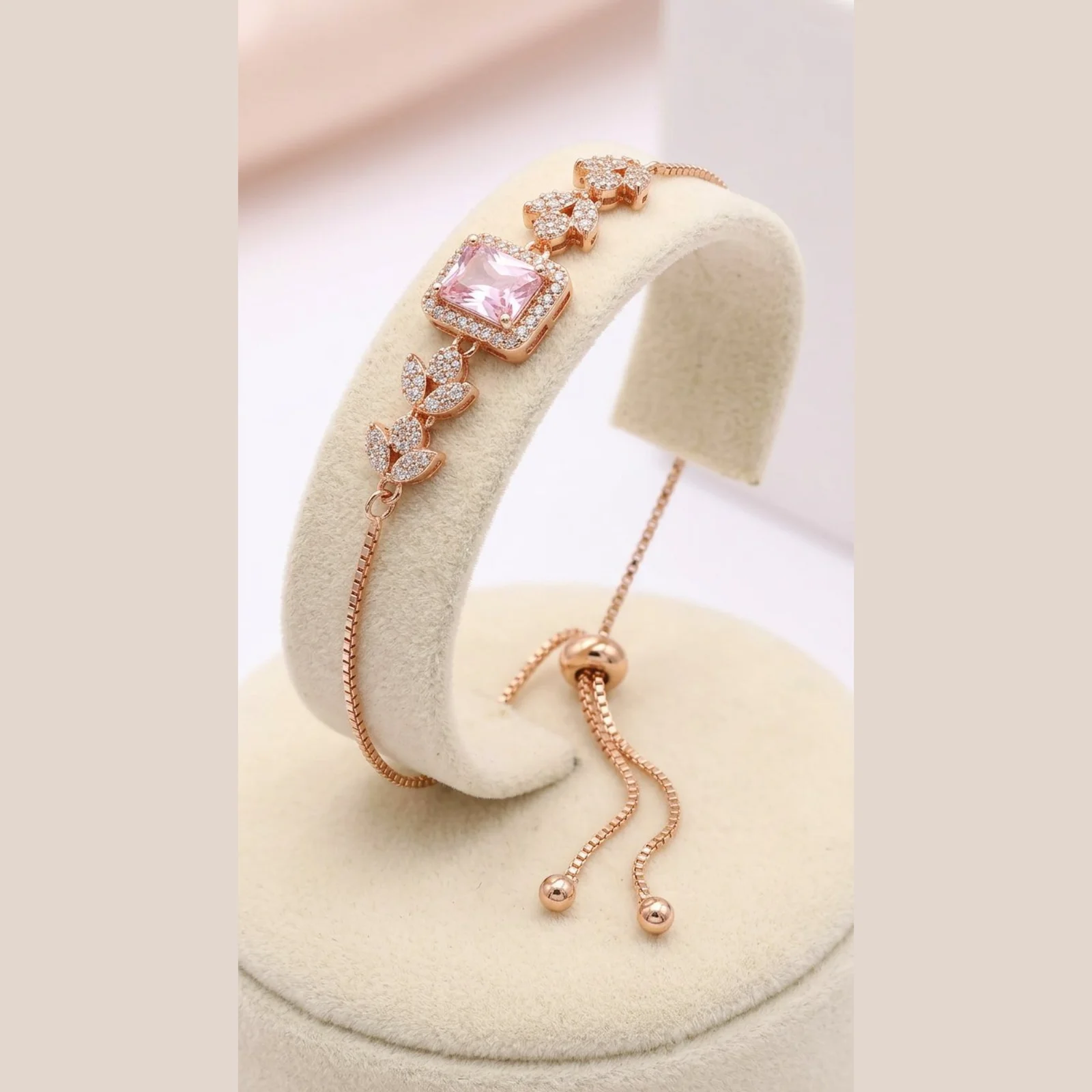 Sinorah Rose Gold Bracelet for Women | Pink Crystal Stone Anti-Tarnish Adjustable Bracelet for Girls | Skin Friendly, Real Diamond Look Trending Jewellery | Daily, Party & Festive Wear | Best Gift for Girls and Women