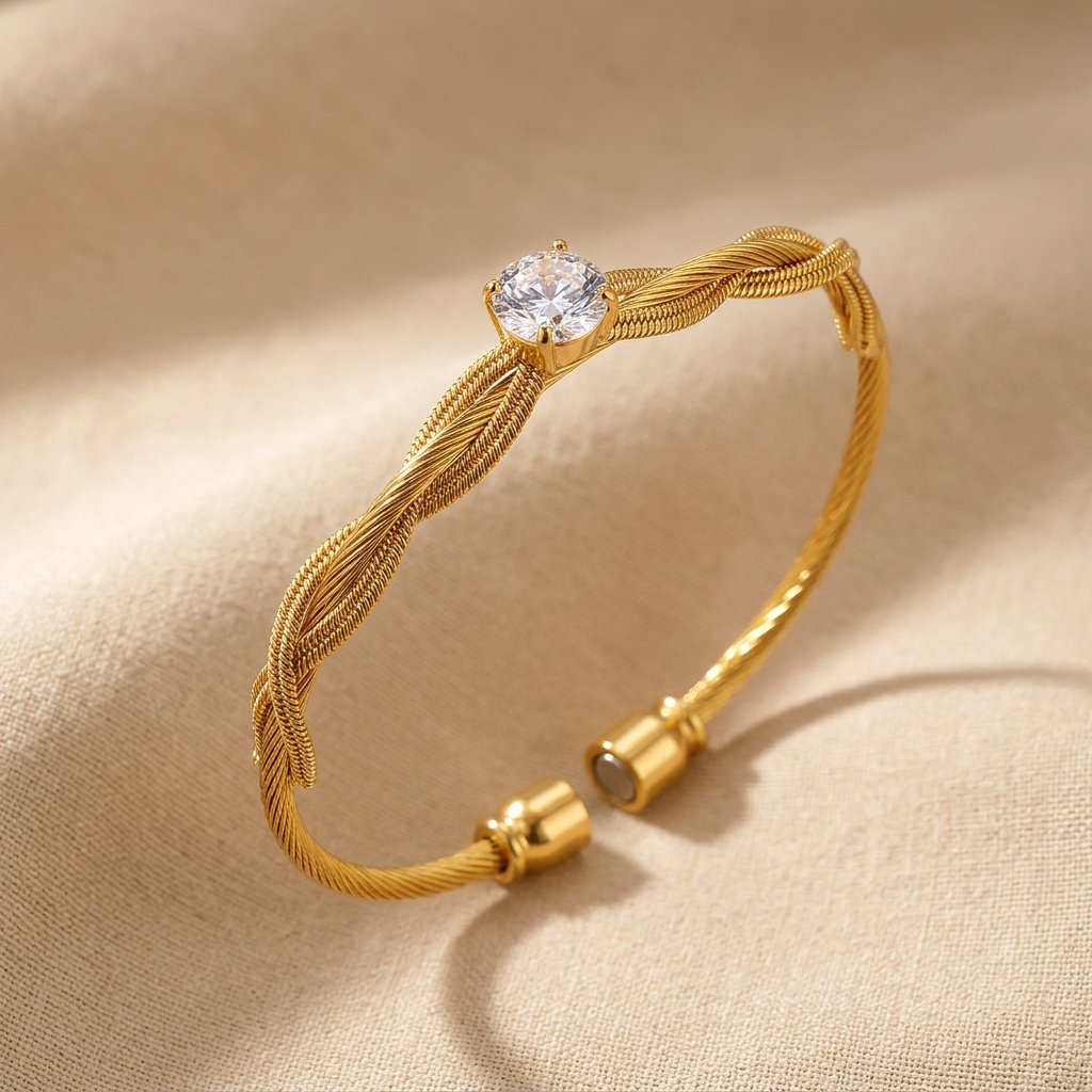 Magnetic Lock Kada Bracelet – Gold-Tone Twisted Wire Solitaire Bangle | For Sizes 2.0, 2.2, 2.4, 2.6 – Sinorah - view 1