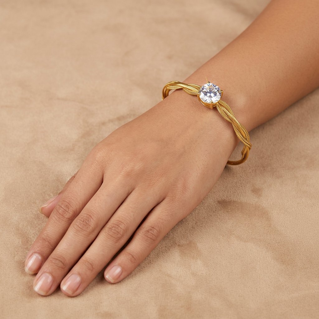 Magnetic Lock Kada Bracelet – Gold-Tone Twisted Wire Solitaire Bangle | For Sizes 2.0, 2.2, 2.4, 2.6 – Sinorah - view 3
