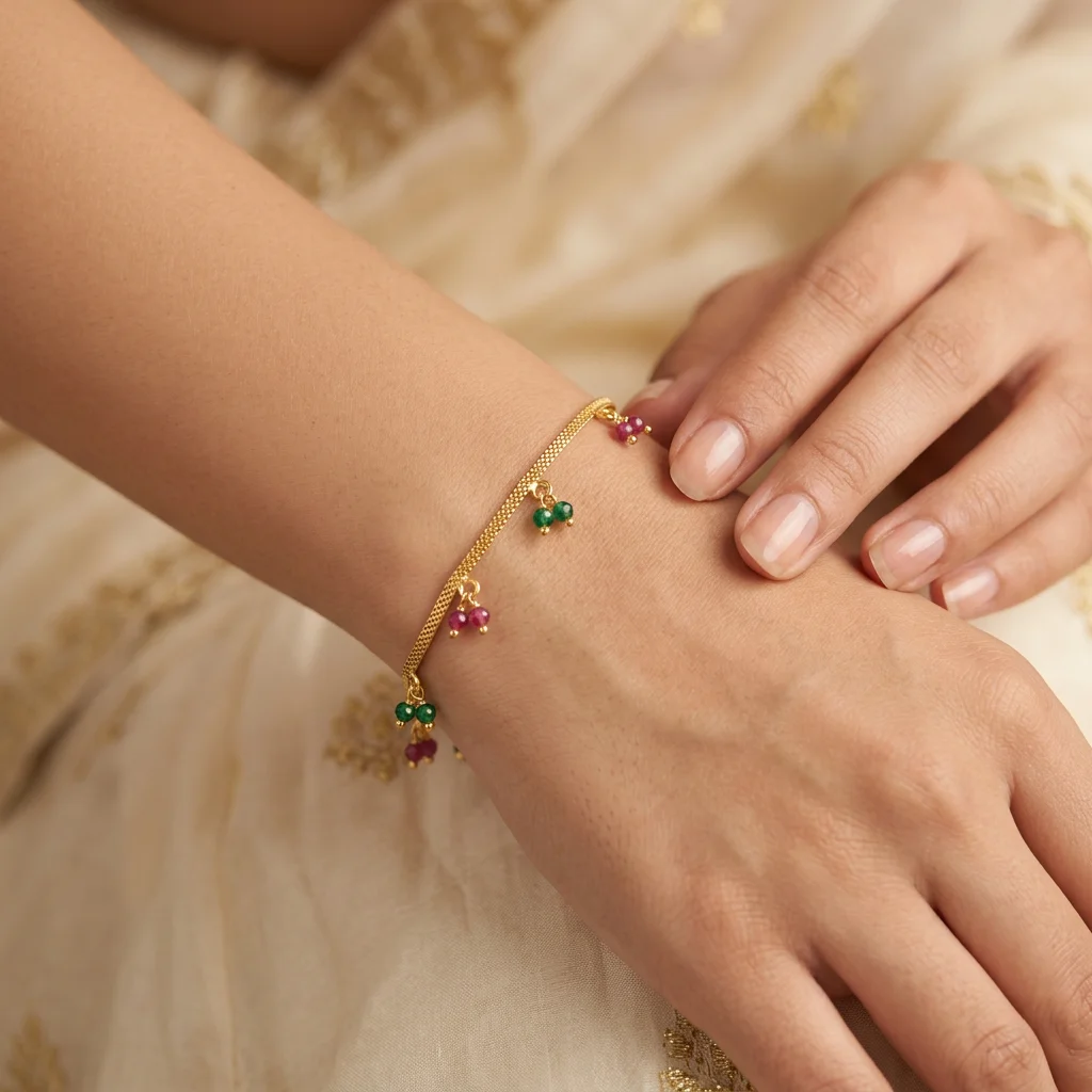 Sinorah Real Gold-Look Anti-Tarnish Ruby & Emerald Drop Chain Bracelet for Women