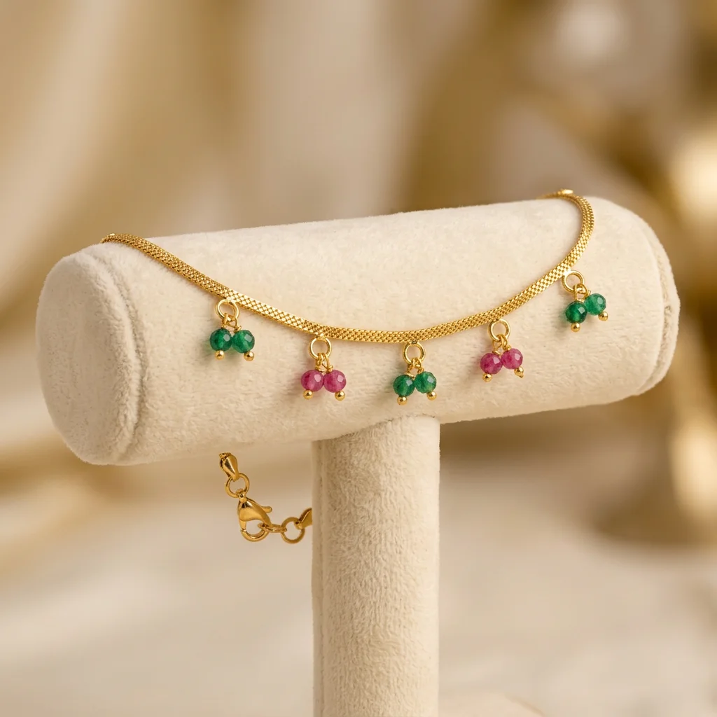 Sinorah Real Gold-Look Anti-Tarnish Ruby & Emerald Drop Chain Bracelet for Women - view 5