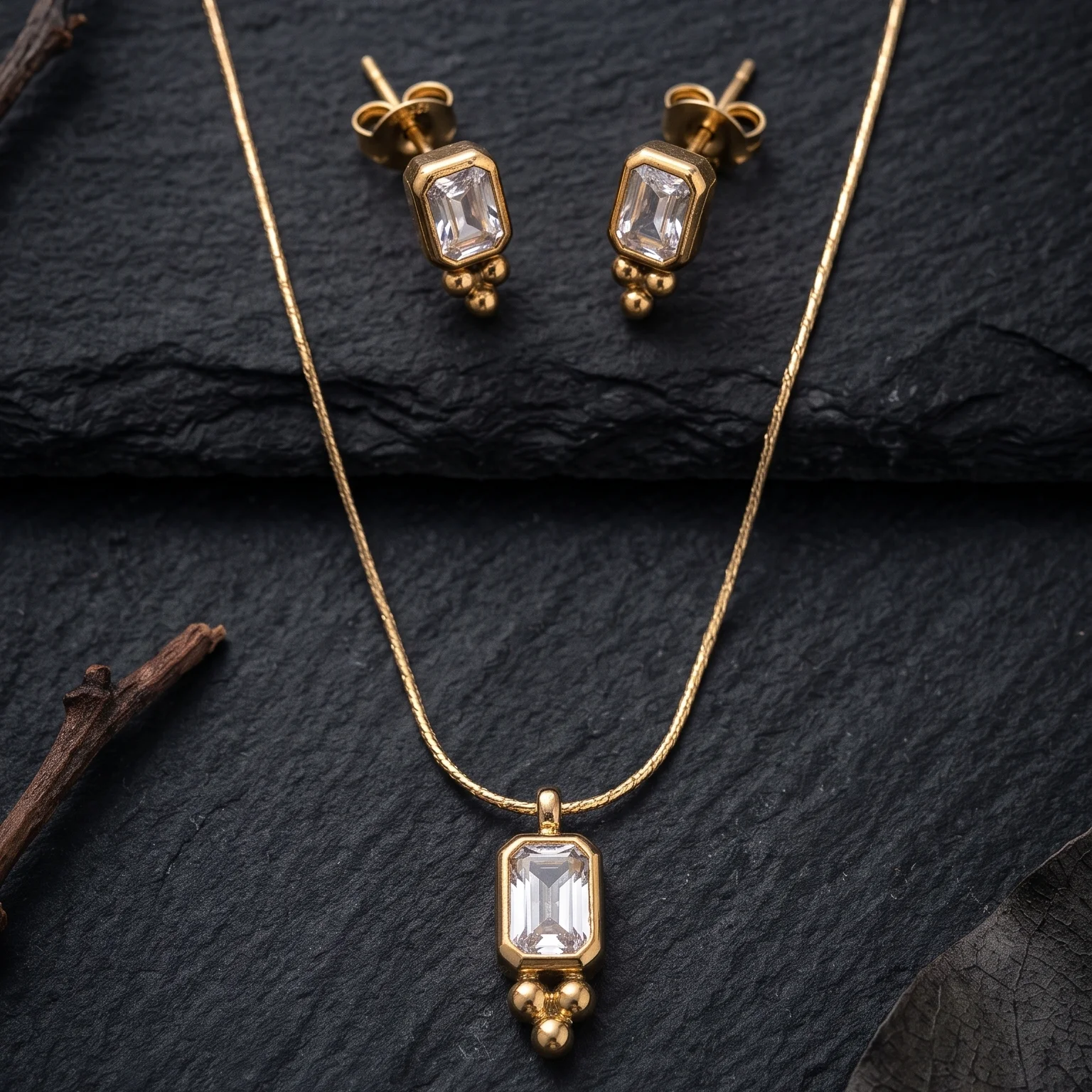 Sinorah KIYU ZIYU Anti-Tarnish Rectangular Stone Necklace Set with Matching Earrings - view 1